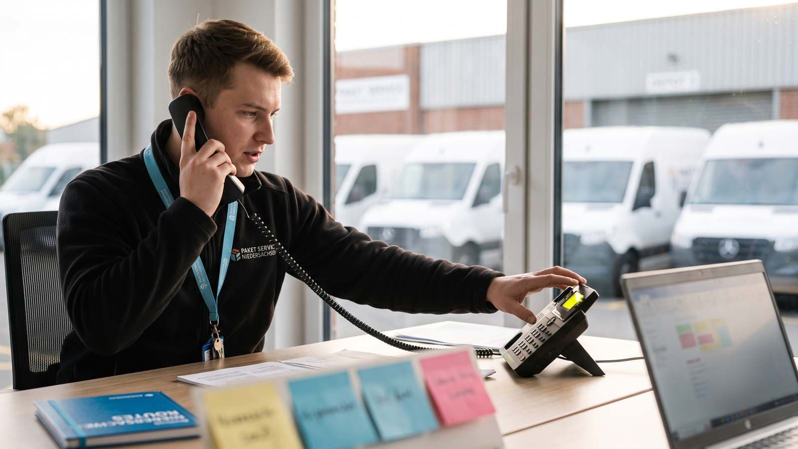 Junger Disponent allein am Schreibtisch, ein Telefon am Ohr, das zweite leuchtet schon auf