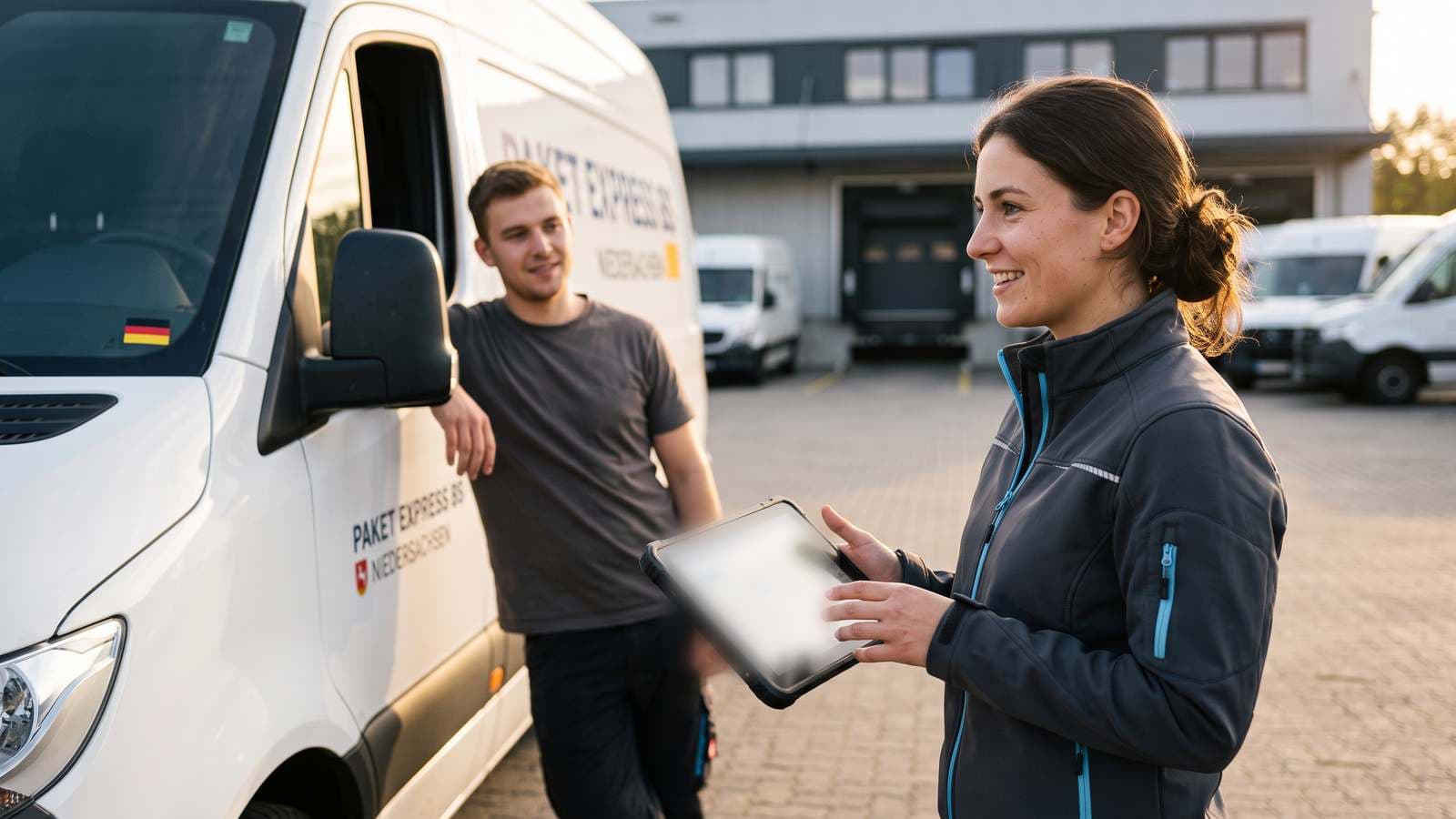 Zwei junge Kollegen arbeiten sich draußen neben einem weißen Transporter gemeinsam an einem Tablet ein