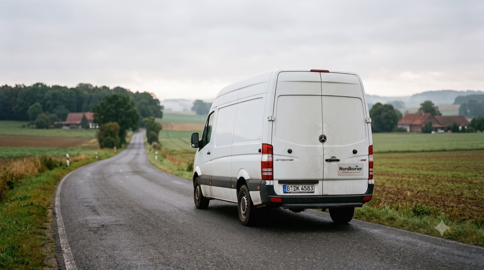 Weißer Transporter auf der Landstraße unterwegs, frühes Tageslicht
