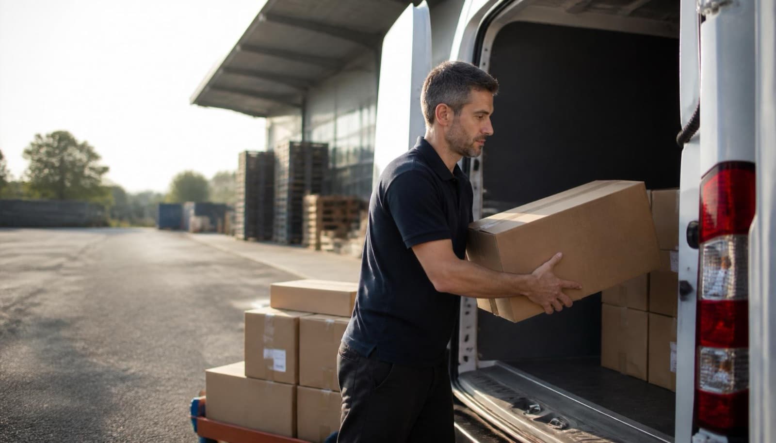 Kurierfahrer schiebt einen Paketkarton in den Laderaum eines weißen Transporters