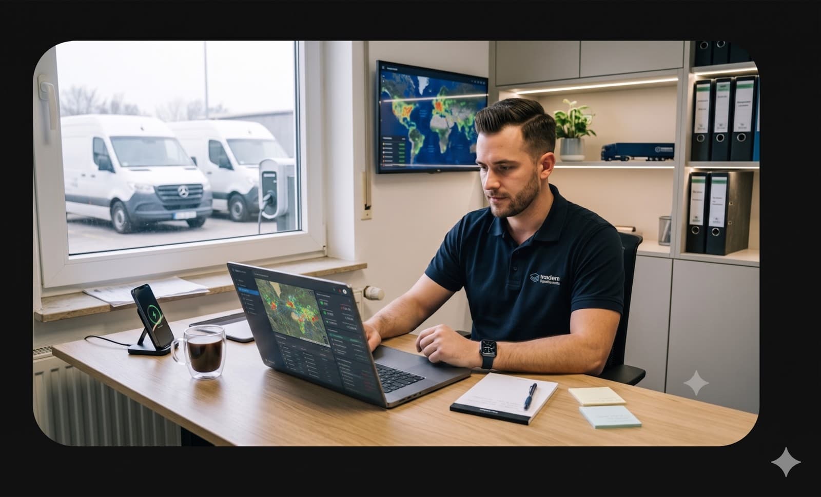 Inhaber einer kleinen Spedition am Laptop im Büro, weiße Transporter vor dem Fenster