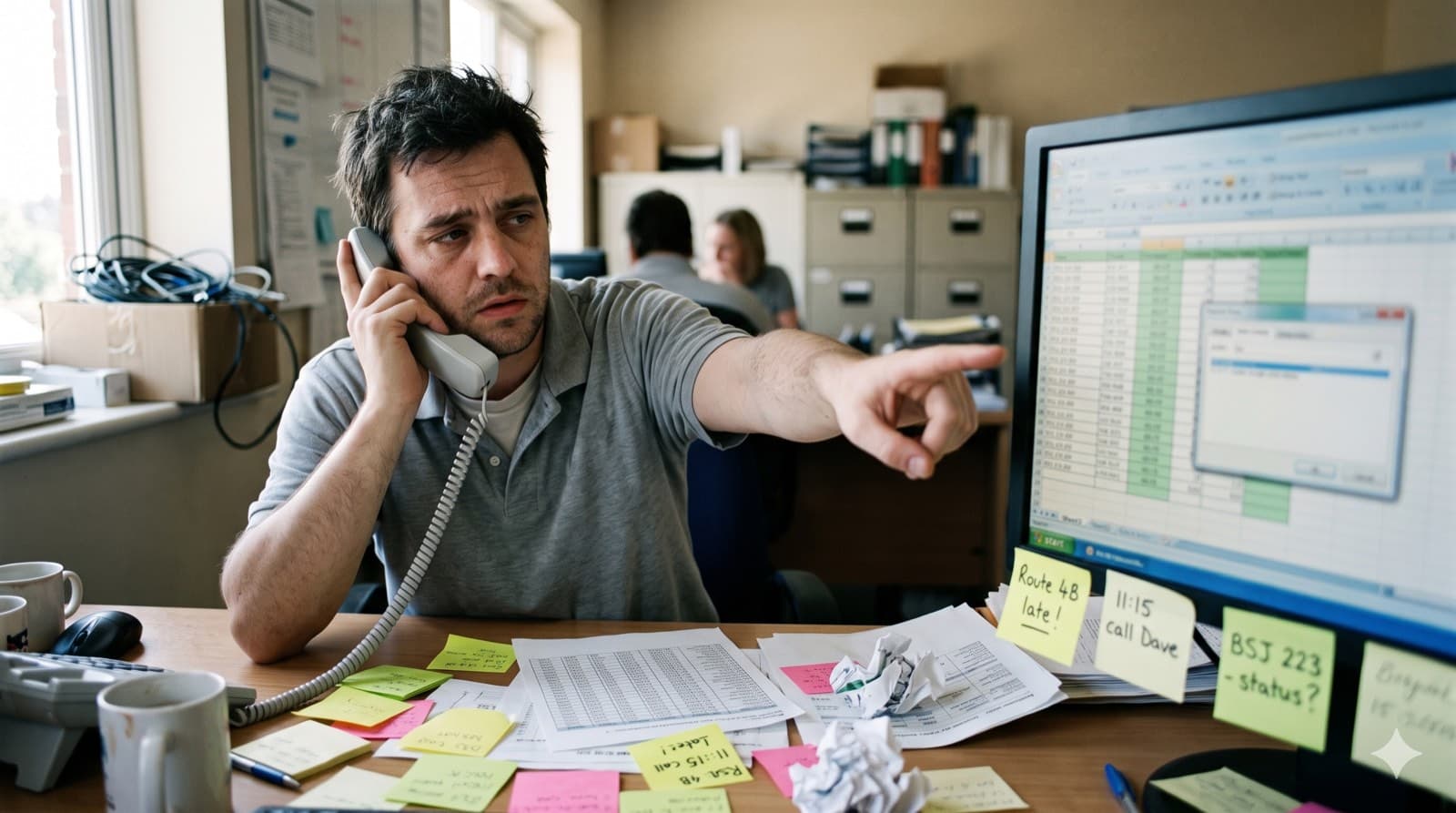 Unaufgeräumter Schreibtisch mit Notizzetteln, Telefon und Excel-Tabelle am Monitor