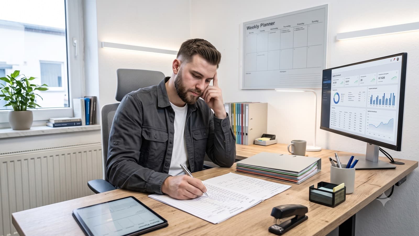 Disponent notiert Kontrolltermine am Schreibtisch, daneben Monitor und Wandplaner