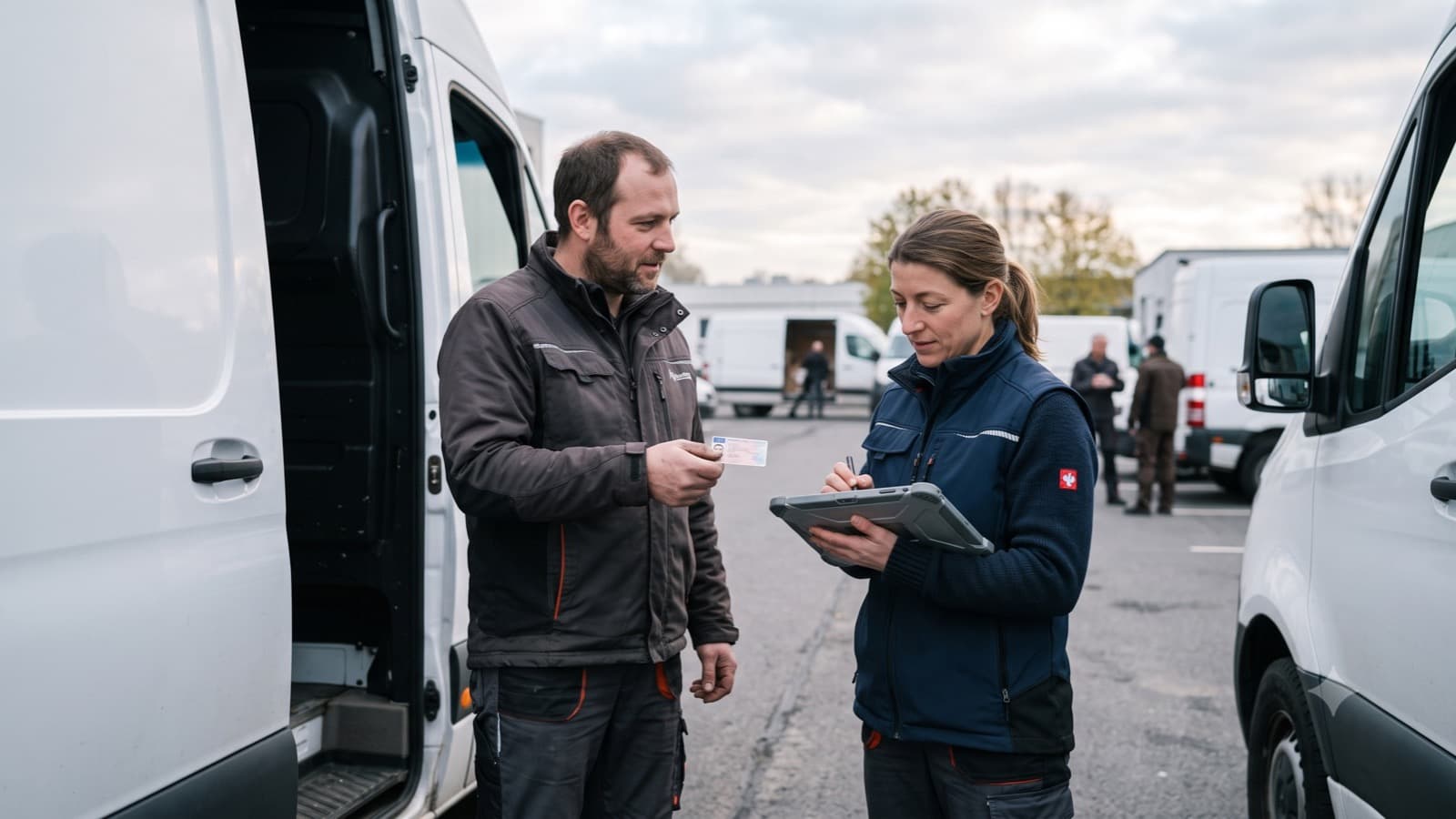 Eine Disponentin prüft den Führerschein eines Fahrers und notiert das Ergebnis auf dem Tablet, im Hintergrund die Transporter
