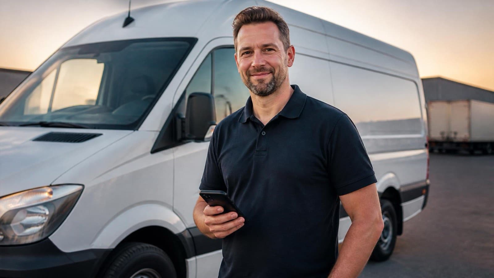 Fahrer am weißen Transporter in der Abenddämmerung nach der letzten Tour des Tages