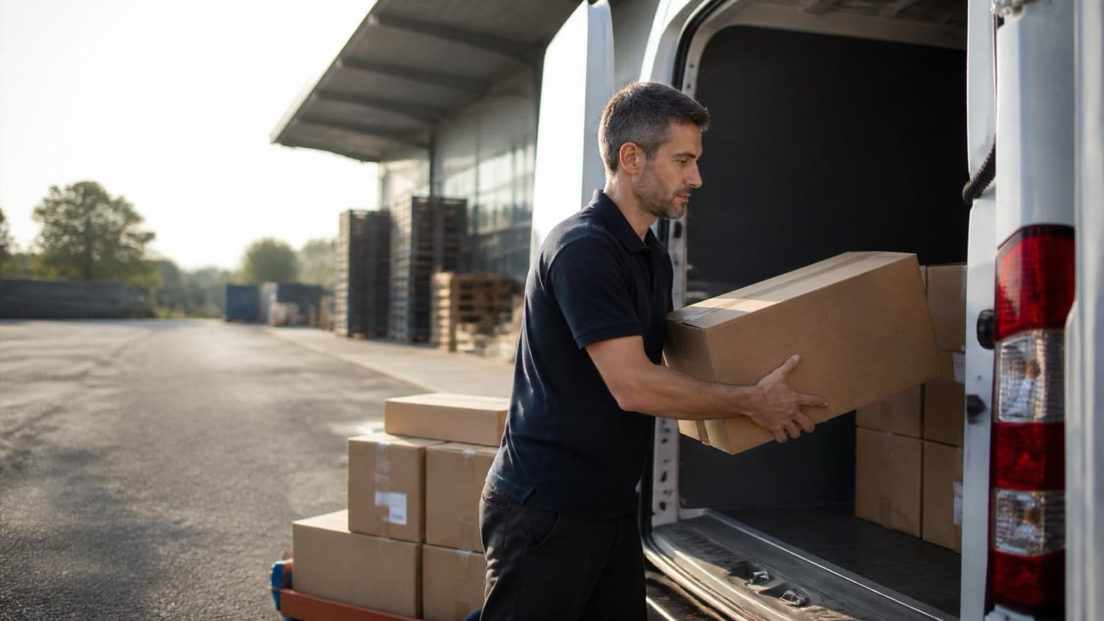 Fahrer belädt den Transporter am Depot