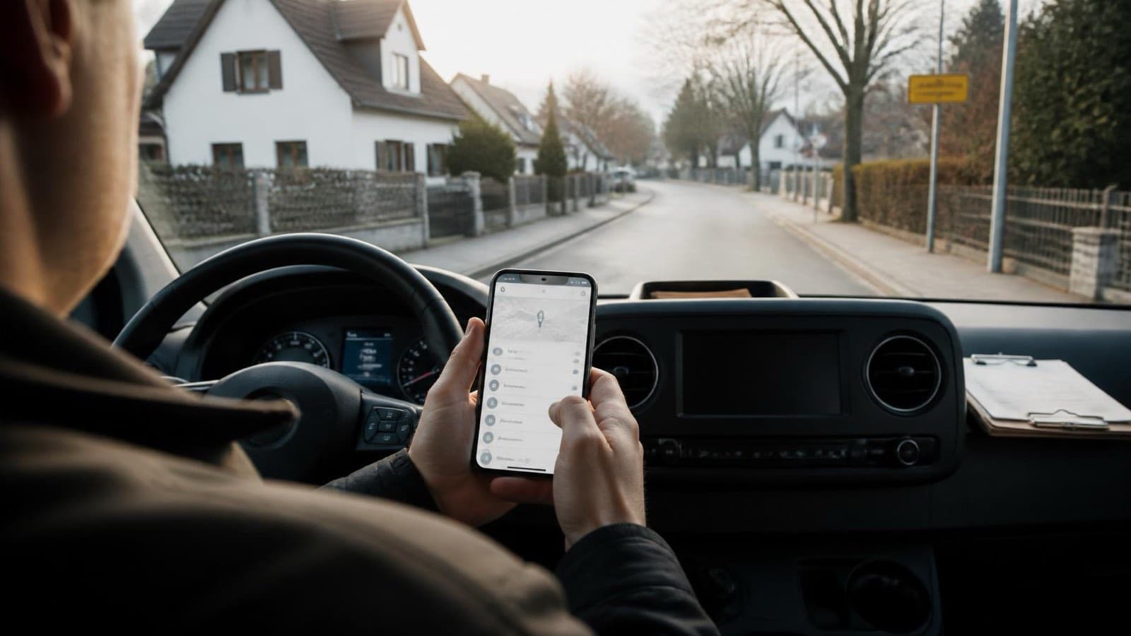 Fahrer im Führerhaus eines weißen Transporters unterwegs