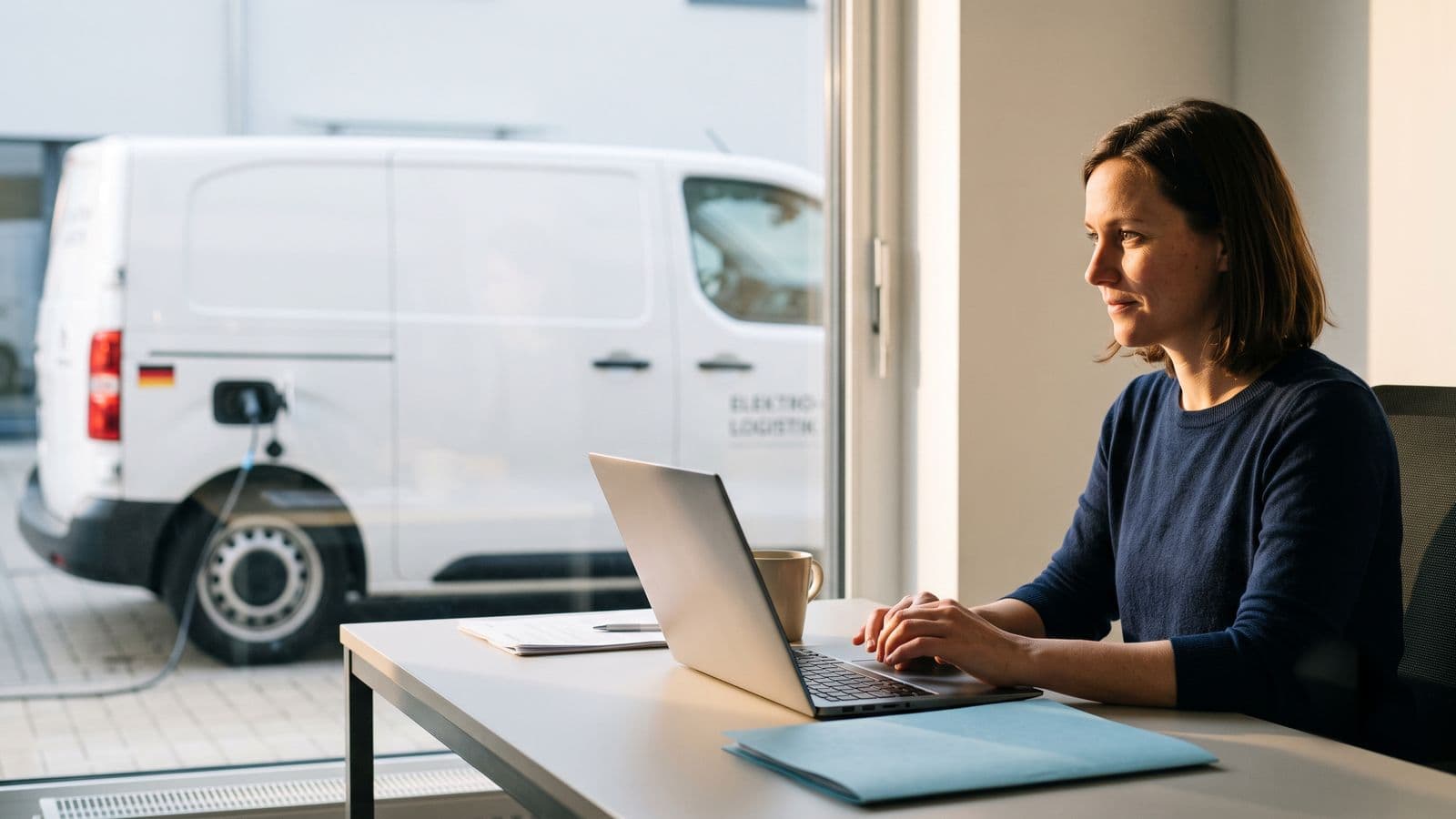 Disponentin prüft am Laptop die Kosten je Fahrzeug, im Fenster hinter ihr lädt ein weißer Transporter