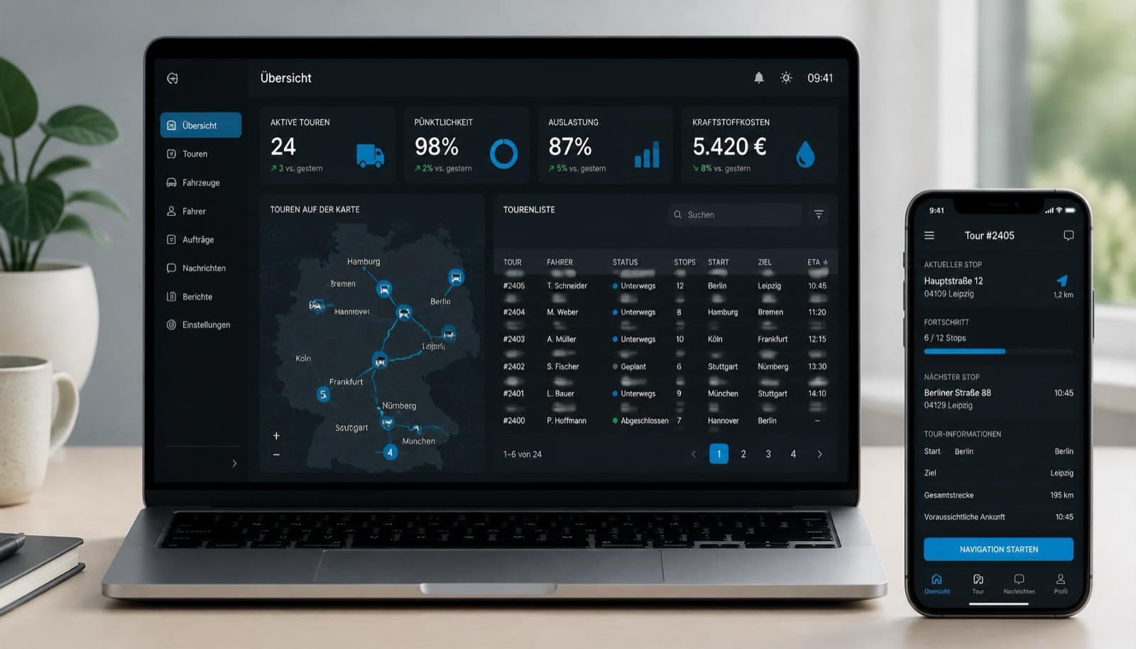 Blick über die Schulter auf ein Laptop-Dashboard mit Flottenkennzahlen