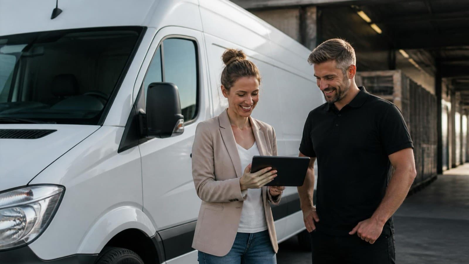 Disponentin und Fahrer besprechen die Urlaubsplanung neben einem weißen Sprinter